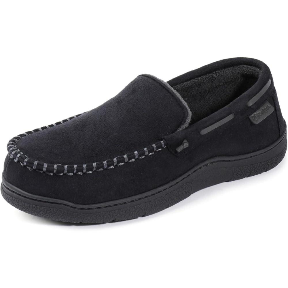 Zigzagger Men’s Moccasin Slippers Memory Foam House Shoes, Indoor and Outdoor Warm Loafer Slippers(Cool Black)