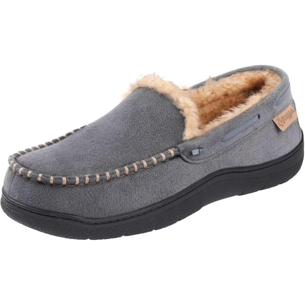 Zigzagger Men’s Moccasin Slippers Memory Foam House Shoes, Indoor and Outdoor Warm Loafer Slippers(Grey)
