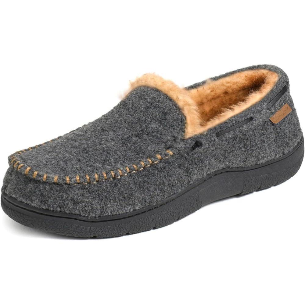 Zigzagger Men’s Moccasin Slippers Memory Foam House Shoes, Indoor and Outdoor Warm Loafer Slippers(Felt Grey)
