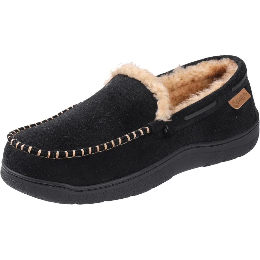 Zigzagger Men’s Moccasin Slippers Memory Foam House Shoes, Indoor and Outdoor Warm Loafer Slippers(Black)