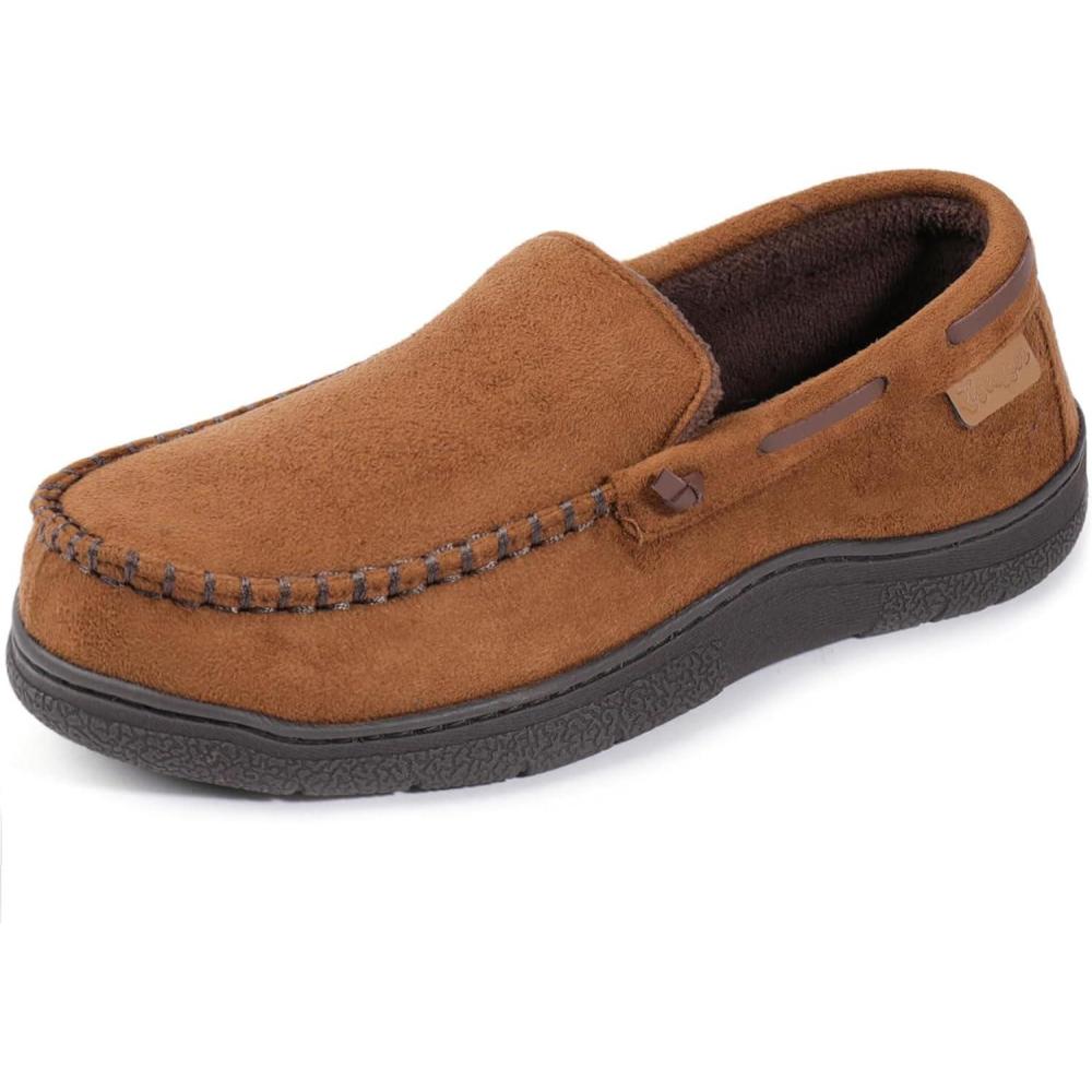 Zigzagger Men’s Moccasin Slippers Memory Foam House Shoes, Indoor and Outdoor Warm Loafer Slippers(Camel)